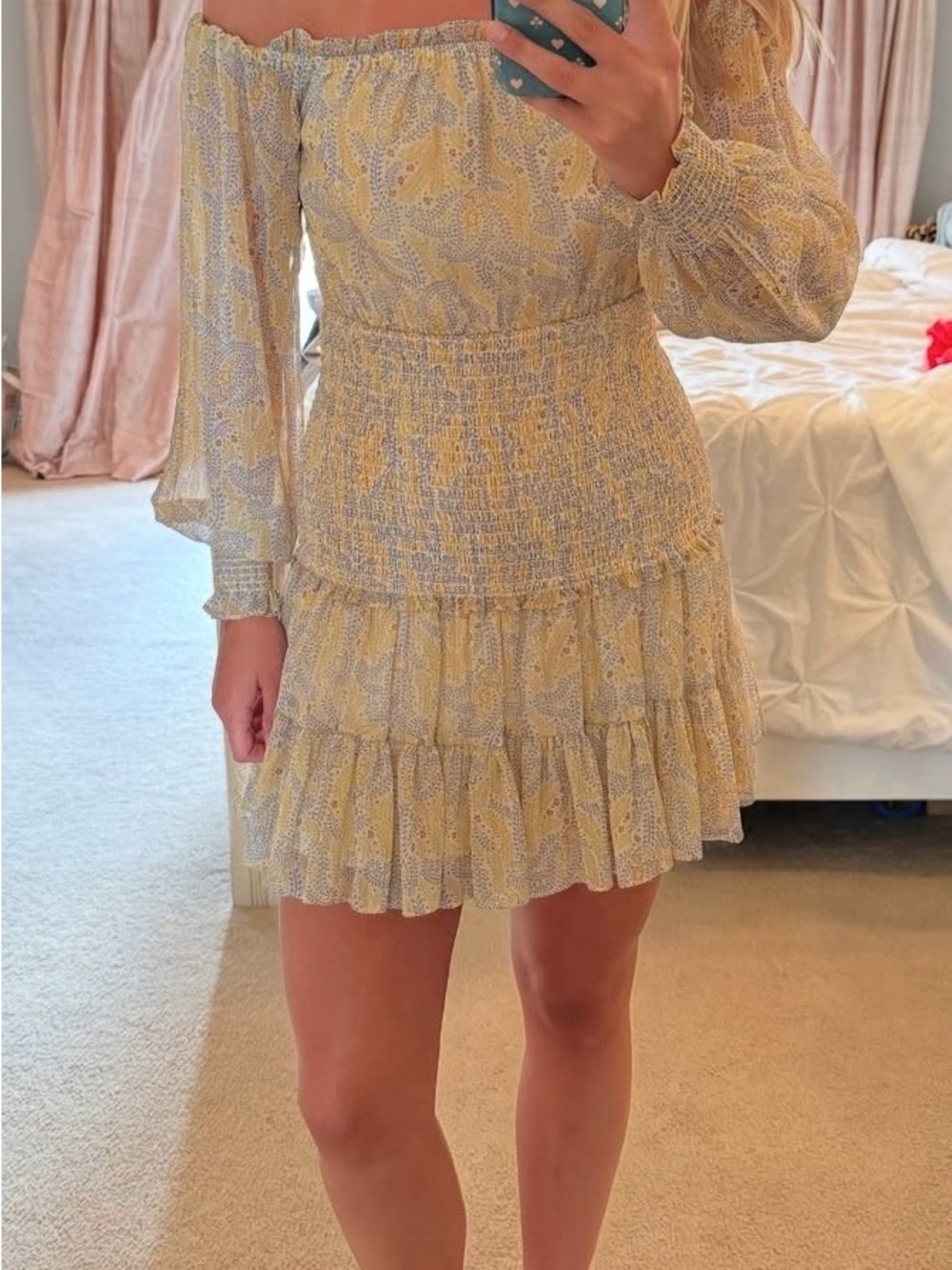 Hemline Boutique Smocked Off-Shoulder Yellow Floral Mini Dress